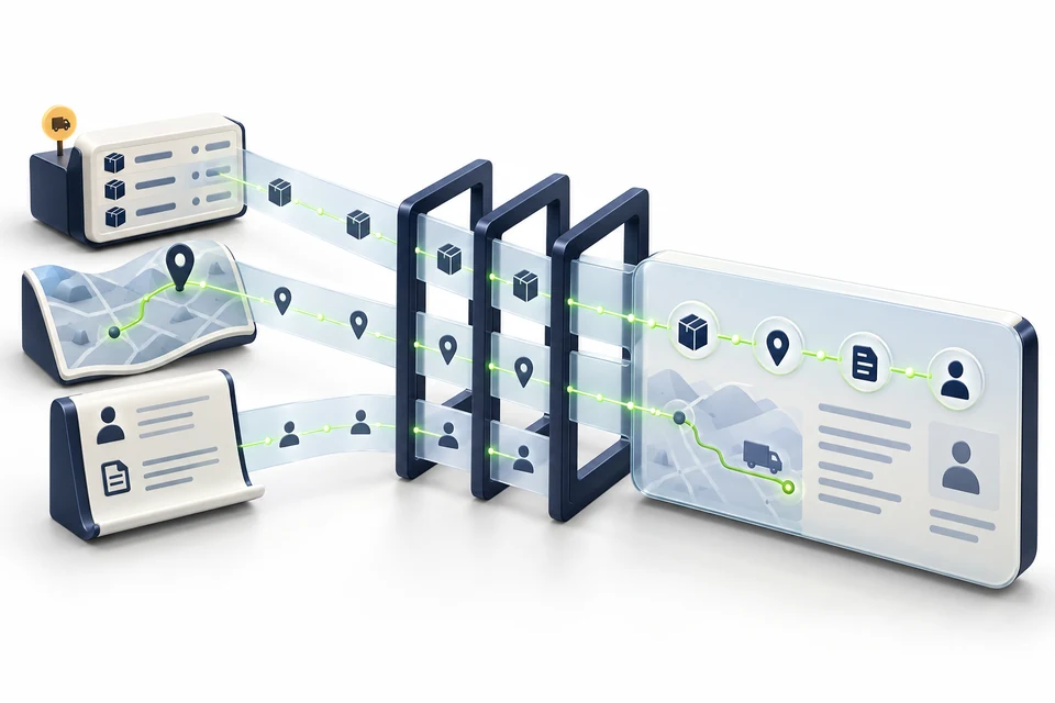 Conceptual illustration: distinct order, live delivery and contract modules contribute matching information through the navy Metabuild structure into one combined answer.