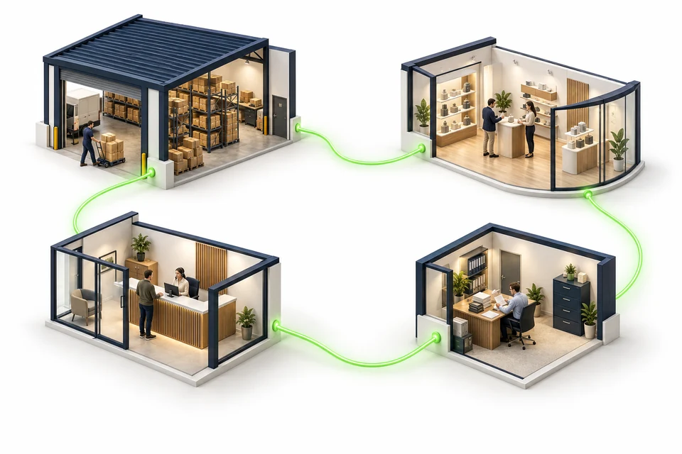 Conceptual illustration of warehouse, sales, finance and customer service units linked by a glowing green thread.