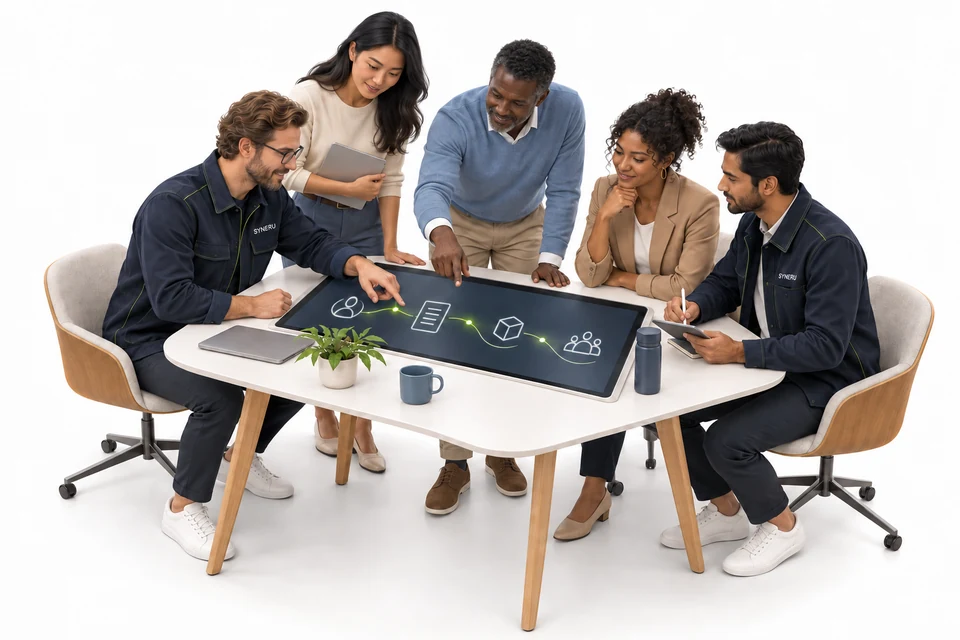 Conceptual illustration of Syneru specialists in navy and lime uniforms working with a client team on a shared digital workflow.