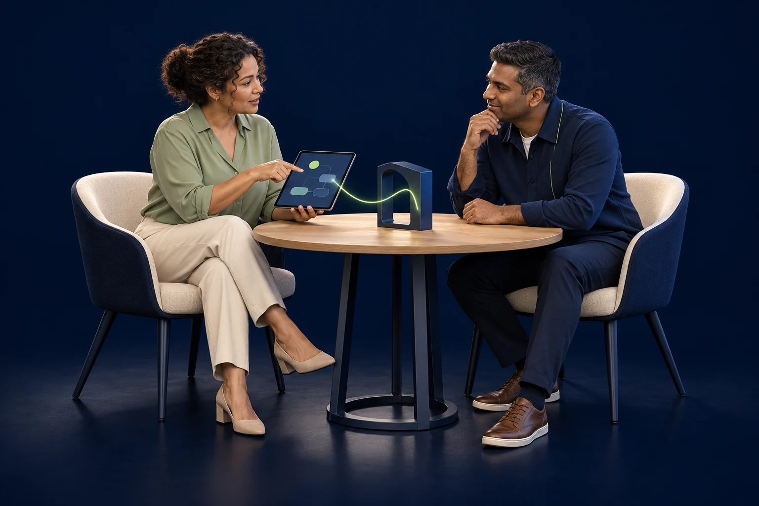 Conceptual illustration of a business owner sharing an idea with a Syneru specialist in an initial conversation.