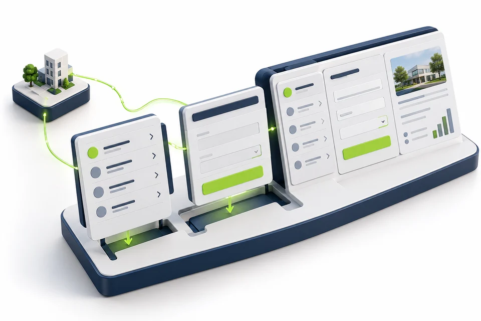 Reusable content modules assemble into a connected business workspace.