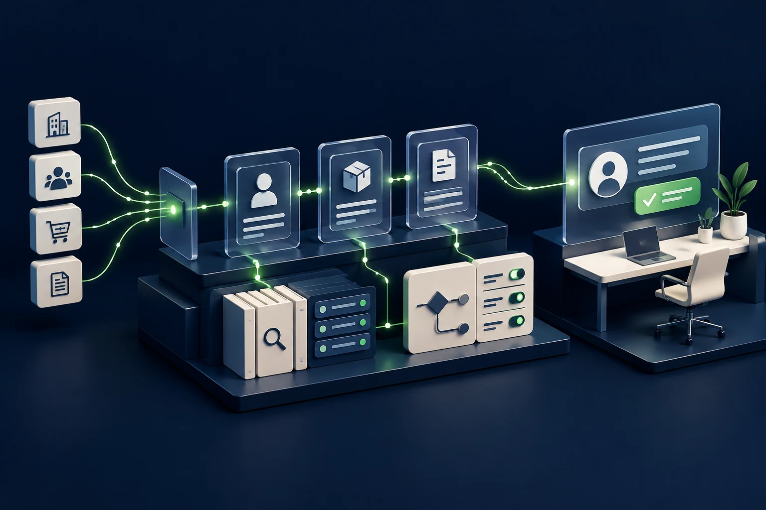 Conceptual framework assembly connecting information, relationships, rules and a business workspace.