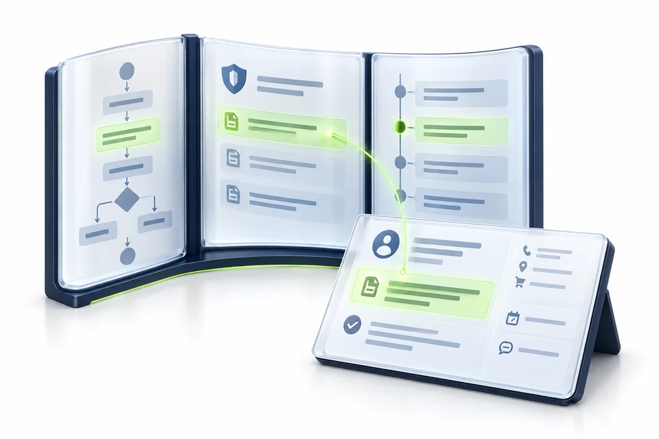 Relevant guidance is selected from organised digital knowledge and brought to a current task.