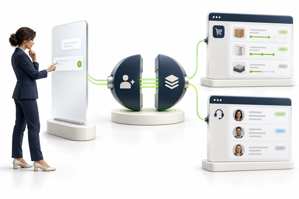 An assistant connects through Metabuild to existing order and customer-service applications.