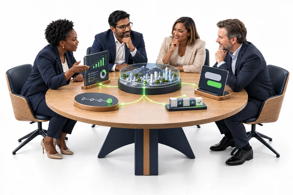 A diverse leadership team considers a shared business model, linked to evidence, captured experience, an approval sequence and an agent conversation.