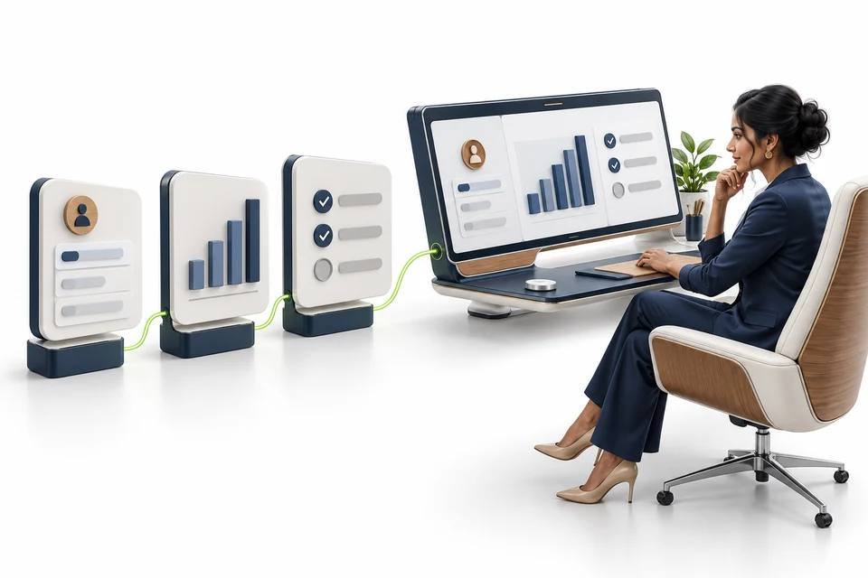 Customer details, a chart and task components connect along a green thread into a combined workspace used by a colleague.