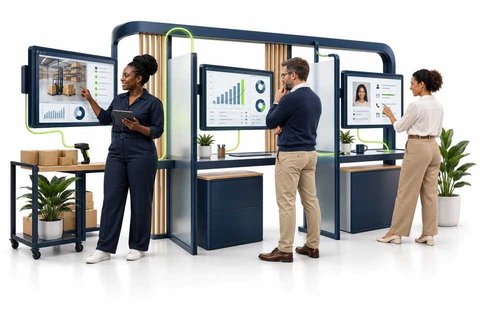 Operations, finance and customer-service colleagues work at separate connected screens, each showing information relevant to their responsibilities.