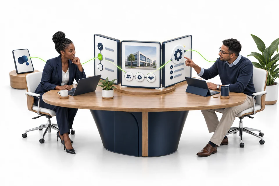 Two colleagues review shared digital knowledge. An assistant display connects to guidance, business context and a review panel.