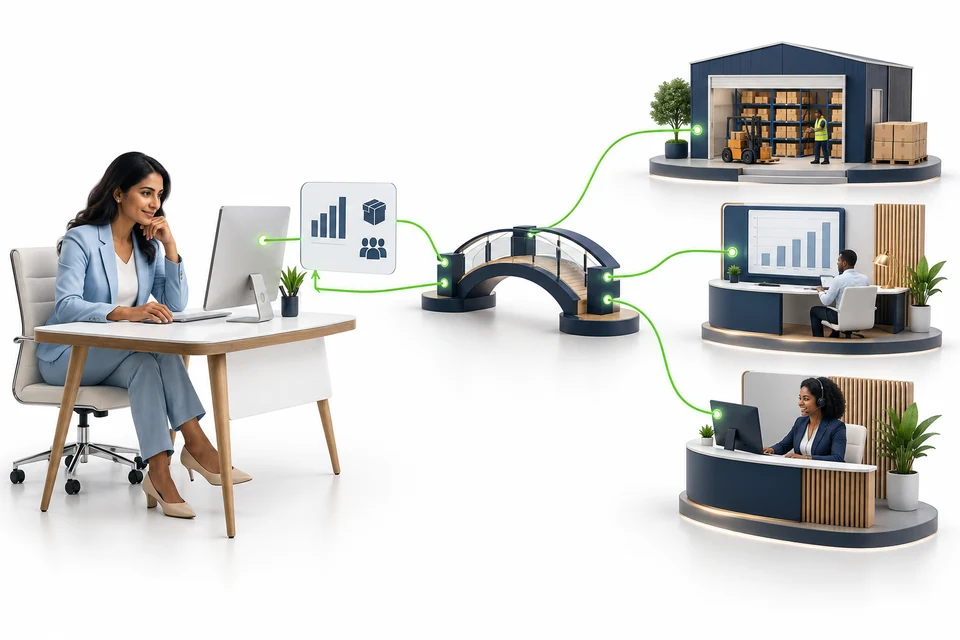An owner’s assistant connects across a bridge to warehouse, finance and customer-service systems. Green routes carry the request and return information.
