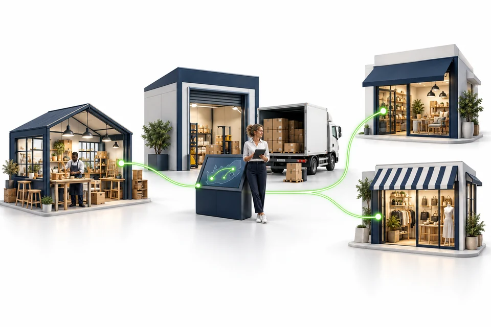 A supplier workshop connects through a distribution operation to two customer shops. Highlight 1 identifies the supplier, 2 its recorded details, and 3 the branching supply relationships.