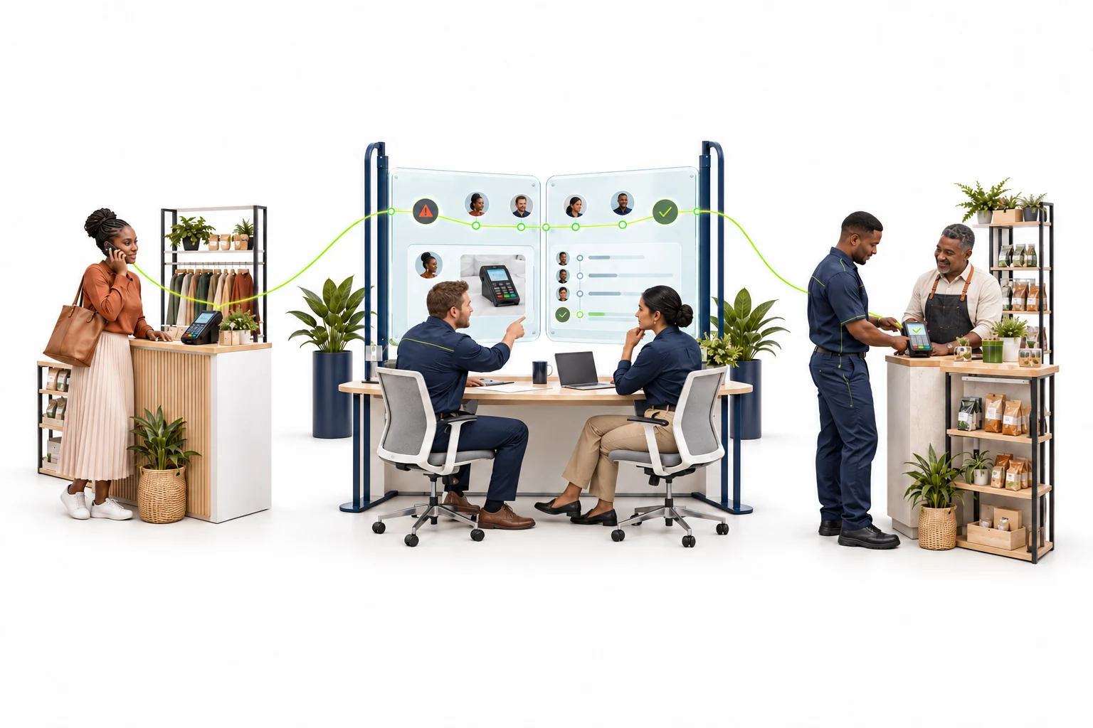 Conceptual scene of a customer reporting a service issue, a case team connecting the evidence, and a technician helping the business resolve it.