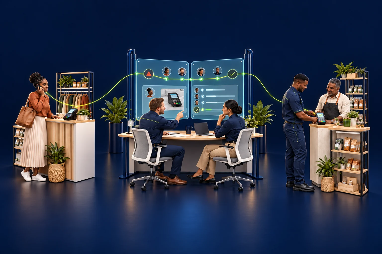Conceptual scene of a customer reporting a service issue, a case team connecting the evidence, and a technician helping the business resolve it.