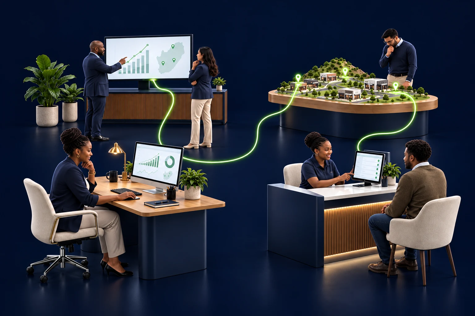 Four connected business situations: reviewing information, briefing a board, helping a customer and planning service locations.