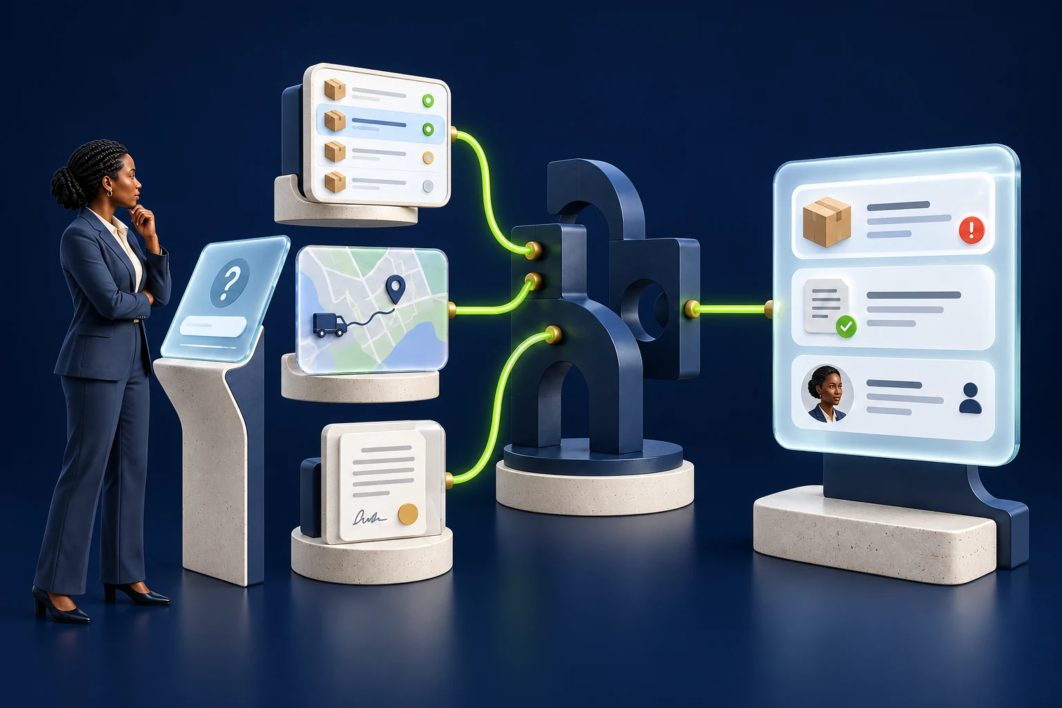 Conceptual illustration of current business records combining into an answer.