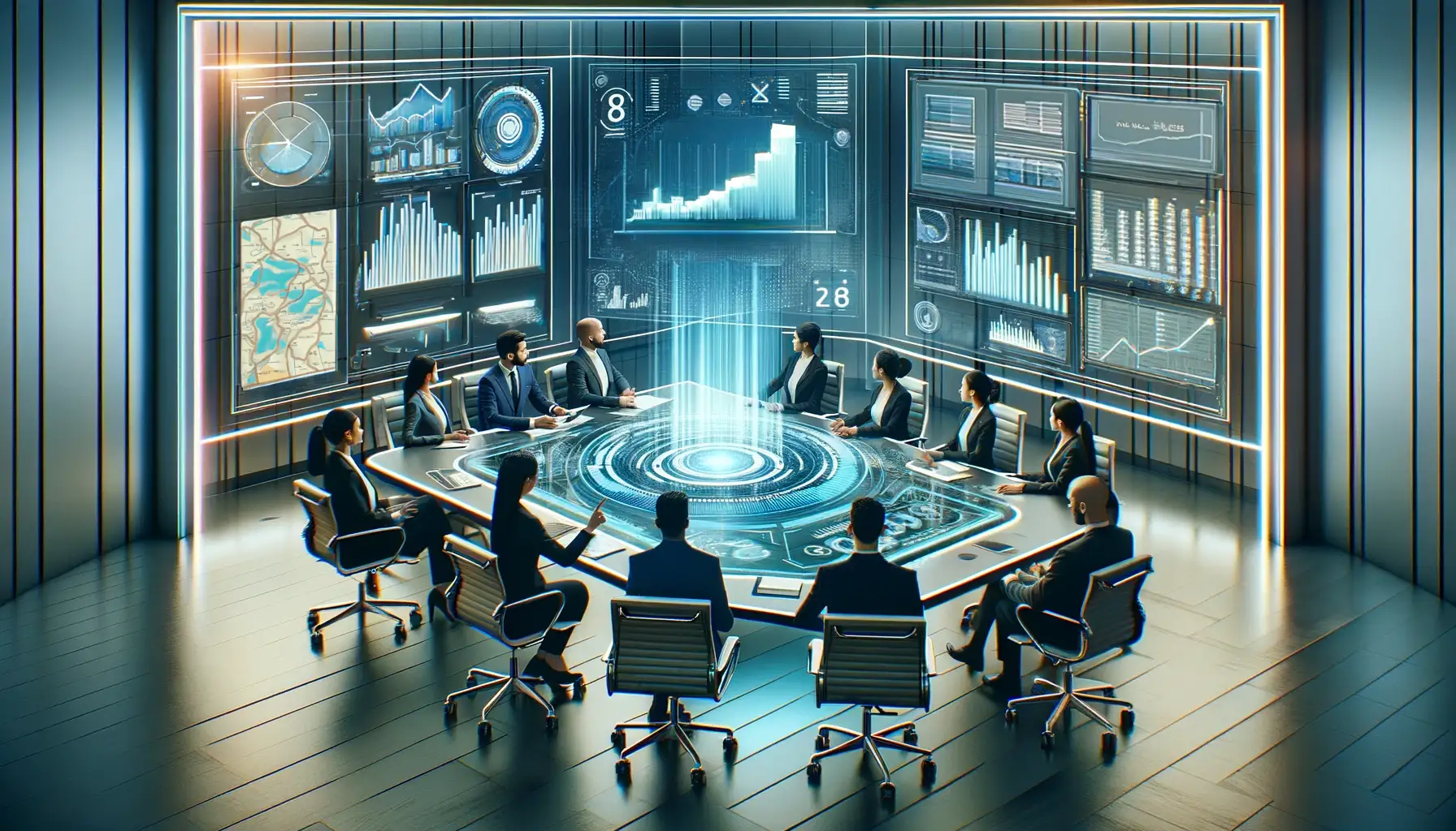 business associates sitting around a table, futuristic depiction, BI and AI